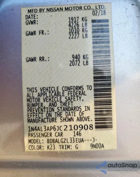 2018 Nissan Altima 2.5 из США, поврежденный, VIN 1N4AL3AP6JC210908